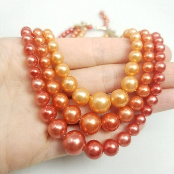 Vintage Orange Ombre Three Strand Beaded Necklace, Adjustable Hook Clasp, Japan - Picture 2 of 7